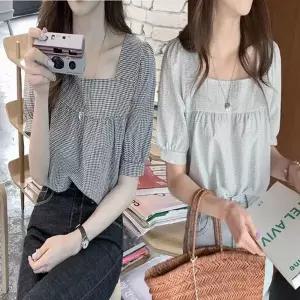 여자 스퀘어넥 잔체크 여름 퍼프 반팔 블라 무지티