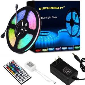 슈퍼나이트 LED 스트립 조명 RGB 색상 변경 16.4피트 SMD5050 유연한 라이트 로프 조명 키트 44개의 키 리모컨 및 침실 TV 백라이트 크리스마스용 12V 전원 공급 장치 포함