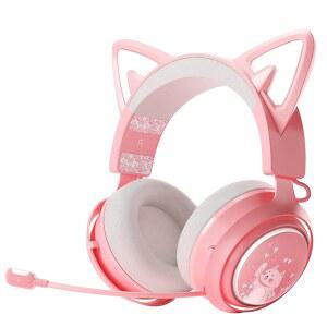 EASARS 무선 고양이 귀 헤드폰 스마트폰 핑크 분홍색 게이밍 헤드셋 블루투스 5.0 리트랙터블 마이크 50mm 드라이버 포함 RGB 조명 헤드셋(USB 동글 제외)