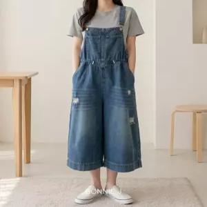 보니제이 여성 허리스트링 청멜빵바지 와이드핏 7부 데님 오버롤 점프수트 찢청 빈티지 멜빵반바지 여름용