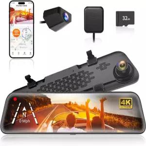 WOLFBOX G840S 12인치 4K 미러 대시캠 백업 카메라 5.8GHz WiFi 스마트 백미러 전면 및 후면 뷰 듀얼 야간