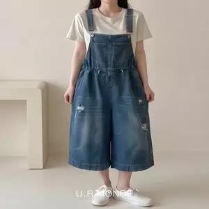 귀여운 허리스트링 와이드 청멜빵바지 여성 데미지 찢청 데님 오버롤 7부 점프수트 캐주얼룩
