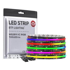 BTF-LIGHTING WS2811 스마트 IC RGB FCOB COB LED 스트립 UL에 720LED /M 고밀도 컬러 체이스 균일한 조명 홈 파티 DIY 장식용 DC12V 16.4FT 12MM 너비 블랙 PCB(어댑터 또는 컨트롤러 없음)