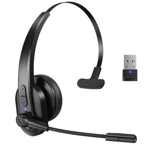 SAREVILE 컴퓨터용 USB 동글이 있는 블루투스 헤드셋, 사무실 이어 노이즈 트럭 무선 마이크가 버튼이 캔슬링 V5.2 및 싱글 운전자용 음소거 업무용