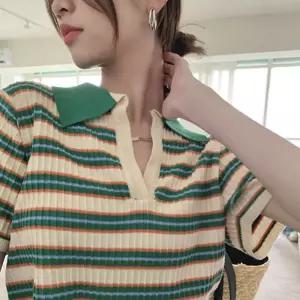 배색 스트라이프 크롭 브이넥 카라 니트 MFNC-030026데일리티셔츠코디 봄티