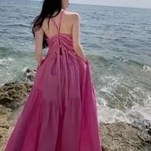 여성 비치 휴가룩 원피스 셔링 롱 민소매 엄마 휴양지원피스 프릴 바캉스 여름 여름