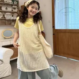 여자 라운드 옆 트임 통기성 그물 펀칭 롱 조끼귀여운 니트 캐주얼 여성 베스트 니트티 쪼끼 통풍