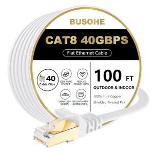 BUSOHE Cat 8 이더넷 케이블 100 FT 40Gbps 2000Mhz 고속 플랫 Cat8 패치 코드(골드 도금 RJ45 커넥터 포함) 라우터 / 게임 컴퓨터 S FTP용 40개 집게 포함 LAN 네트워크 인터넷
