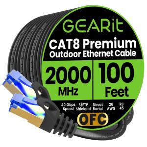 GEARit Cat8 야외 이더넷 케이블(100피트) 방수 직접 매장 인그라운드 LLDPE UV 자켓 퓨어 구리 26AWG 40Gbps 2000Mhz SFTP 패치 코드 POE 네트워크 인터넷 Cat 8 케이블 - 100피트