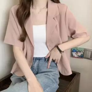여성 부드러운 크롭 기장 단정 자켓식 반팔 셔츠여자청 면자켓 데님 봄자켓 재킷 자켓 외출 패션 여자