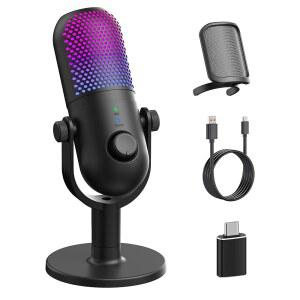 PC 게임용 USB 마이크: 게이머용 콘덴서 스트리밍 - 노래 컴퓨터 있는 유튜브용 RGB 포함 스탠드 음소거가 책상 녹음 마이크 노트북용 및 블랙 QIUCK 팟캐스트