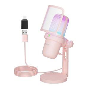 KO-STAR RGB USB 마이크, PC, PS5, 휴대폰용 녹음, 게임용 게이밍 터치 핑크 노트북, 필터, 팝 뮤트가 콘덴서 플러그 앤 플레이 있는 카디오이드 스트리밍, 팟캐스트, 픽업,