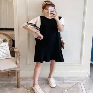 롱원피스 여자 라인 배색 가오리핏 소매 라운드 레이스 원피스