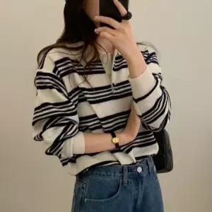 간절기 가을 봄 여성 카라 넥 루즈핏 니트 티 ivory 셔츠 예쁜 단가라 여자 줄무늬 긴팔 이쁜 기본