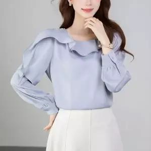 [하프클럽/]여성 프릴 쉬폰 블라우스 우아한 라운드넥 긴팔 오피스룩 셔츠