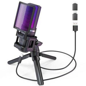 ZEALSOUND PC 맥 및 안드로이드용 게이밍 볼륨 캔슬링, 마이크 팟캐스트 USB 팟캐스팅 ASMR 틱톡 조명, 디스코드 스트리밍용 노이즈 터치 RGB 뮤트, 유튜브 마이크, 모니터 컨트롤,
