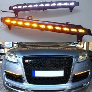 Audi Q7 용 2Pcs 2006 2007 2008 2009 LED DRL 주간 주행 등 노란색 방향 지시등이있는 일광 안개등
