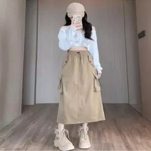 여자 A핏 4컬러 허리밴딩 롱스커트 카고 스트링 포켓