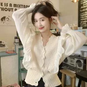 샤랄라 믹스앤매치 가디건브이넥 단추 아이보리 여성 프릴 셔링 크림 봄가디건 스러운 패션