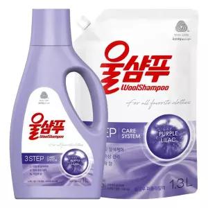 애경 울샴푸 퍼플라일락(용기1L + 리필1.3L)중성울세제 중성울 빨래용품 세탁 액체 액상 울세제