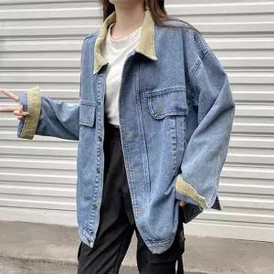 여성 데일리 루즈핏 배색 카라 연청 데님 자켓 패션 아우터
