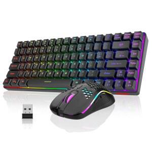 레드썬더 K84 무선 키보드 마우스 콤보 레인보우 백라이트 충전식 배터리 75% 레이아웃 TKL 울트라 컴팩트 게이밍 경량 3200 DPI 허니콤 광학 마우스(블랙)
