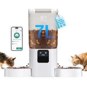 FRIENHUND 자동 고양이 급식기 슬로우 피드 그릇 더블 기능이 있는 강아지 반려동물을 WI-FI가 이중 2마리: 디스펜서, 분리 - 5G 사료 가능, 여러 앱 29컵 쉬운 세척을 피더, 위한 제어 위해 반려동물