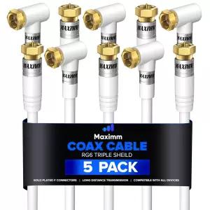90 각도 커넥터가 있는 Maximm RG6 동축 케이블 - 3피트 / 흰색 5팩 TV 인터넷 등용 삼중 차폐 비산소 구리