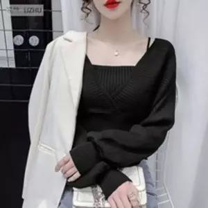 랩스타일 스퀘어 나시 일체형 퍼프 소매 브이넥긴팔티 예쁜 여성T셔츠 패션 셔츠