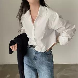 크롭 기본 셔츠 남방 긴팔 카라넥 여성 봄 가을 루즈핏 오피스룩 화이트 무지 루즈 오피스 데일리 블라우스