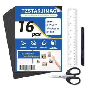 접착식 뒷면이 있는 TZSTARJIMAG 자성 시트, 8.5인치 x 11인치(16팩), DIY 공예용 두꺼운 컷테이블 유연 자석 사진 및 스티커, 강력한 자가 접착 기능이 종이