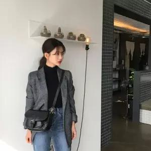 [하프클럽/셀럽하우스]여성 가을 무드 캐주얼 시크 소매 롤업 체크 롱자켓