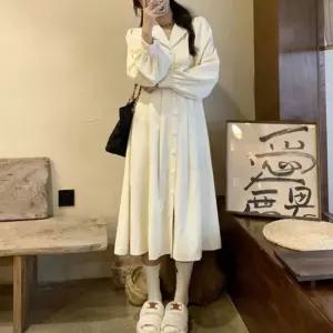 뒷밴딩 슬림핏 진주단추 코듀로이 카라 넥 롱 원피스프릴 브이 청치마 여자 미니 플레어 여성 하객 플라워