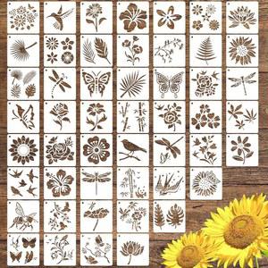 50 PCS 꽃 그림 스텐실 재사용 가능한 나무 바위에 그리기 캔버스 패브릭 유리 도자기 4x4 인치