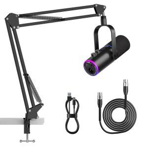 PUPGSIS XLR /USB 팟캐스트 마이크, 음소거 /게임 /녹음 리버브 캔슬링, 마이크-블랙 스탠드, 노이즈 붐 효과, 잭, 헤드폰 버튼이 /보컬용 암 스트리밍 있는 다이나믹 게이밍