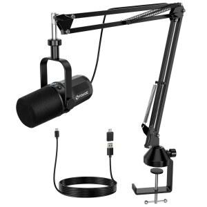 FDUCE 다이내믹 마이크, XLR /USB 팟캐스트 암 (SL40+) 녹음 PC 스트리밍용, 헤드폰 모니터링 볼륨 스튜디오 기능이 있는 보컬 포함 잭, 컨트롤, 메탈 보이스 붐 음소거 오버