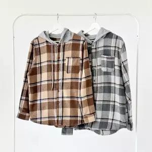 남녀공용 체크 기모 후드 남방 옴브레 스타일 겨울 커플 데일리셔츠 오버핏 후드티 따뜻한 플란넬 스트릿패
