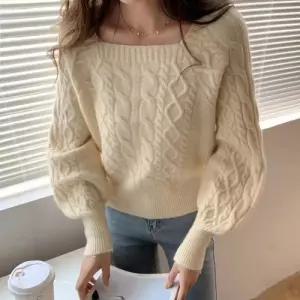 스퀘어넥 소매 벌룬 케이블 크롭 니트티파스텔 셔츠 플러워 니트 데일리 여름 귀여운 반팔 여성 숏니트