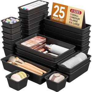 케메티 25 PCS 플라스틱 서랍 정리함 세트 4 사이즈 배니티 메이크업 및 책상 트레이 욕실 주방 도구 사무실을 위한 정리 보관 블랙