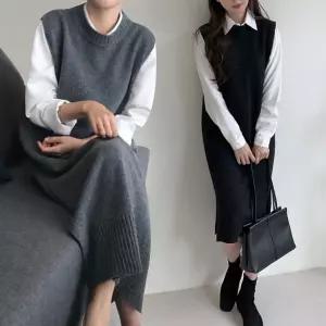 SIS-095 라운드넥롱니트조끼 민소매 롱조끼 캐주얼 매긴 여성겨울 매우긴 여자