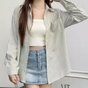 여성 줄무늬 캐주얼룩 긴팔 카라 셔츠 봄 가을 간절기 데일리 직장인 오피스 루즈핏 스트라이프 예쁜디자인