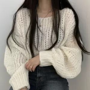 칼리브린 루즈핏 여성 예쁜 라운드 퍼프 오버 니트여자 소매 브라운 아이보리 스웨터 니트티