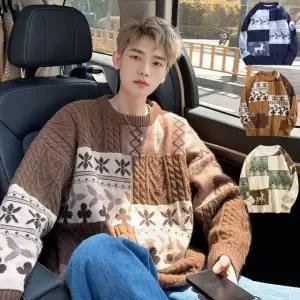[하프클럽/]남성 루즈핏 눈꽃 사슴 니트 겨울 오버핏 스웨터 남자 크리스마