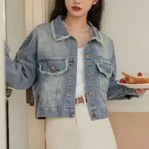 [하프클럽/]여성 빈티지 크롭 청자켓 블루 데님 재킷 술 장식 포켓 간절기