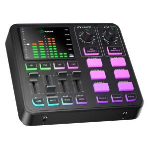 PUPGSIS 게이밍 오디오 믹서 PC / 팟캐스트 스트리밍용 인터페이스 3.5mm XLR 마이크 입력이 가능한 사운드 보드 48V 팬텀 파워 보이스 체인저 DJ 효과가 있는 라이브 카드 블루투스 4채널