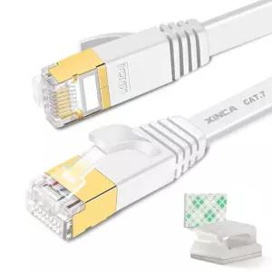 XINCA Cat 7 LAN 접착 컴퓨터 패치 클립 5pcs 차폐(STP) 포함) 및 케이블 15피트 흰색, 10GB 고속 이더넷 케이블(Rj45 인터넷 플랫 커넥터 네트워크