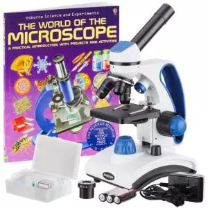 AmScope M162C-2L-PB10-WM 2018 40X-1000X 파란색 메탈 라이트 현미경 - 슬라이드 수상 학생 포함 올 어린이 키트 현미경, 최고의 책 및 듀얼