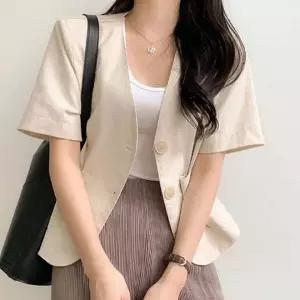 [하프클럽/]여름 반팔 노카라 브이넥 자켓 팔뚝 커버 데일리 면 재킷