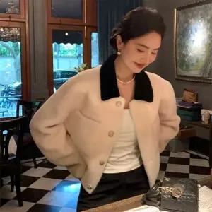[하프클럽/]화이트 여성 하프코트 겨울 숏자켓 오버핏 모직 코트 데일리 아