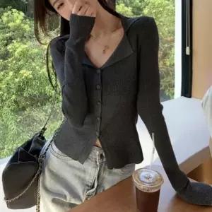 [하프클럽/]여성 겨울 간절기 긴팔 카라 니트 골지 가디건 데일리 이너 브이